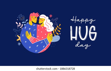 National hug day vector illustration. Happy embrace. Hugging couple, family, friends. Love or friendship concept. 