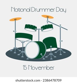 National Hug a Drummer Day. Vector Flat style illustration with Lettering. Idea for poster, Holiday Greeting card, Banner or flyer. Hand Drawn Design element with Musical Instrument, Percussion set.