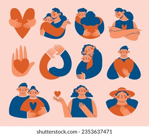 Día nacional del abrazo. Gran conjunto de simples pinturas de video modernas con adorables personas, gente, amigos, madre e hijo, amantes, compañeros de trabajo. La fraternidad, la amistad, la maternidad, el concepto de amor. Abrazos, abrazos.