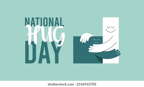 National Hugging Day.Celebrated on January 21.Horizontal Text banner on green background.Great for poster,website.Happy Hug day greeting card.Children embrace with love and smile at each other.