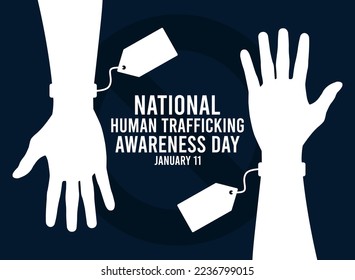 National human trafficking awareness day. January 11. Silhouette of a hand with a price tag. Ban sign. Poster, banner, card, background. Eps 10.