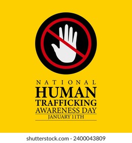 National human trafficking awareness day and 11th of January . Blue ribbon awareness and text. Vector illustration. Banner, poster, card, background design.