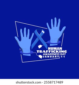 National Human Trafficking Awareness Day to commemorate on January 11th. A pair of hands in handcuffs with a price tag and blue ribbon on blue background.