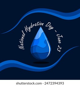 National Hydration Day event banner. Illustration of a decorated water drop on a dark blue background to celebrate on June 23rd