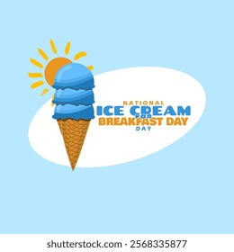 National Ice Cream for Breakfast Day to celebrate on first Saturday in February. A triple scoop ice cream cone with a morning sun symbol on a blue sky background. Food event banner.