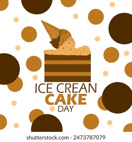 National Ice Cream Cake Day Event Banner.  Ein Stück Schokoladenkuchen mit einer Eiswaffel, die auf dem Kuchen auf weißem Grund klebt, um am 27. Juni zu feiern