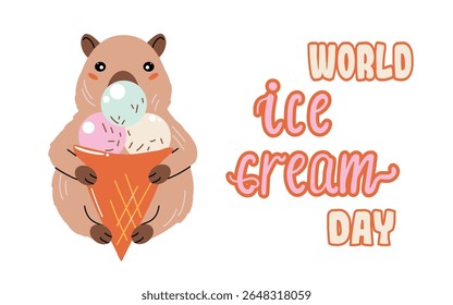 National Ice Cream Day. Adorable Capybara Eating Cone