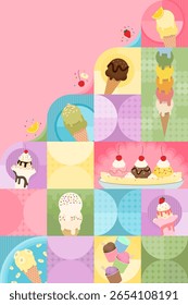 National Ice cream day background. Ice cream pattern. Ice cream cartoon. Colorful cute style for poster, wallpaper, pattern, drawing, bauhaus, cute, dessert, scoop, cone, happy, candy, sprinkles, cup.