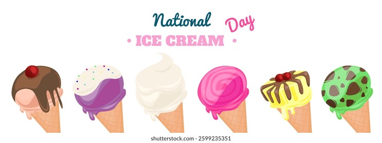 National Ice cream day banner. Pink retro holiday poster, background, card. Sweet cold dessert social media advertising. Flat Vector illustration.