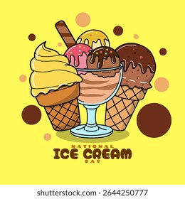 National Ice Cream Day to celebrate on third Sunday in July. Illustration of ice cream cones and a glass of three flavors of ice cream on yellow background. Dessert event banner