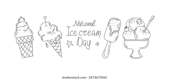 National Ice Cream Day is celebrated. Hand lettering.
Ice cream drawings. Set of hand drawn linear icons, drawings. Ice cream, popsicle, ice. Vector illustration, background isolated on white.