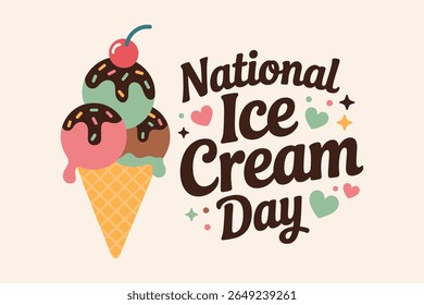 National ice cream day celebration design with double scoop cone and chocolate topping for summer treat print