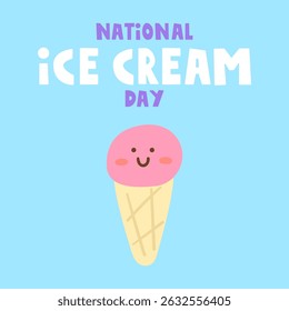 National ice cream day. Cute ice cream character. Blue background. Vector illustration.