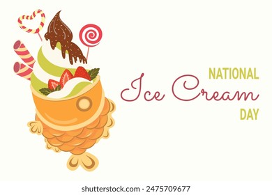 Día Nacional del Helado. Helado con decoración. Postre de pescado, Taiyaki. Helado de Taiyaki. Pastel de pescado japonés. postre asiático. Plantilla de fondo, Anuncio, tarjeta, póster, camiseta.