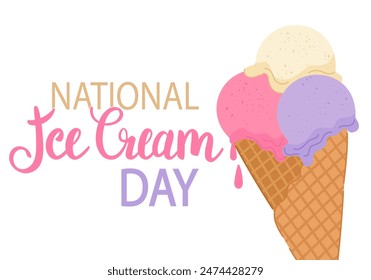 National Ice Cream Day greeting card. A waffle cone with various balls of fruit ice cream. Creamy, vanilla, berry, gelato or sorbet. Template for background, banner, postcard, poster