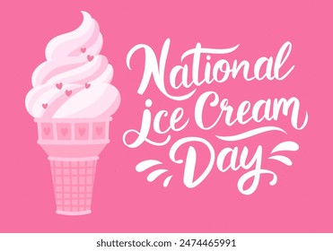 National Ice Cream Day greeting card. A waffle cone of pink strawberry ice cream. Creamy, berry, gelato or sorbet. Holiday concept. Template for background, banner, postcard, poster