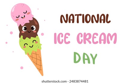 National Ice Cream Day greeting card. A waffle cone with various balls of fruit ice cream. Creamy, vanilla, chocolate, berry, gelato or sorbet. Template for background, banner, postcard, poster