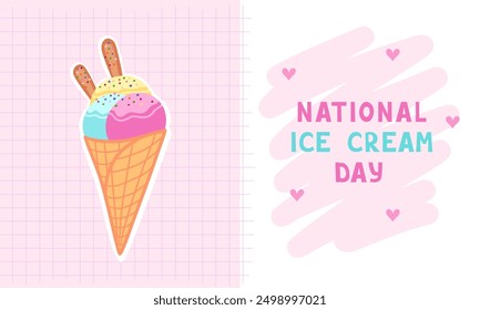 National Ice Cream Day greeting card. A waffle cone with various balls of fruit ice cream. Vector Illustration for backgrounds, packaging, posters and stickers. Isolated on white background.