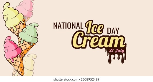 National Ice Cream Day .Ice Cream Day greeting card. Waffle cone with different scoops of fruit ice cream. Retro Style . Template for wallpaper, banner, postcard, poster . Vector illustration