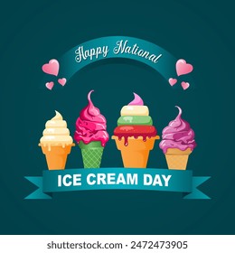 Día nacional del helado, concepto Festiva. Con conos de helado de varios sabores y colores. Plantilla de fondo, Anuncio, tarjeta, cartel, etc.