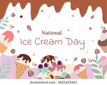 National ice cream day. Holiday concept.chocolate ice cream  with whipped cream, cherry,strawberry,summer fruits and sweets..Template for background, banner, card. 