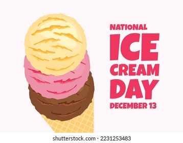 National Ice Cream Day on December 13 vector. Vanilla, strawberry and chocolate scoop ice cream icon vector. Ice cream cone drawing. Every year on December 13. Important day