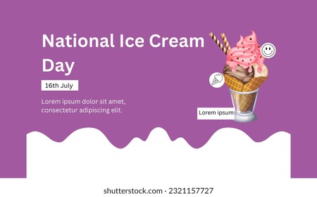 National ice cream day with purple background. Strawberry and chocolate ice cream cone in cristal glass.