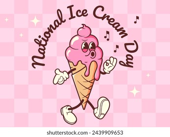 National Ice Cream Day in Retro Style. Vector illustration with groovy mascot