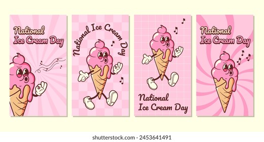 National Ice Cream Day in Retro Style Set stories. Vector illustration with groovy mascot