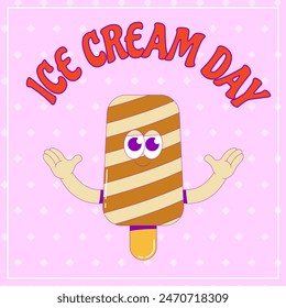 National ice cream day. Striped ice cream on stick with funky face. Trendy psychedelic card with cute character dessert mascot in groovy style. Vector illustration for cafe