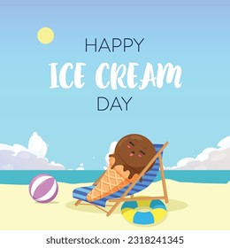 National ice cream day vector illustration for greeting card, poster and banner with Chocolate ice cream character sunbathing on the beach