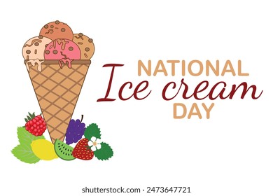 National Ice Cream Day. Vector template for background, banner, card, poster. Various popsicle balls in flat cartoon style. Holiday concept.