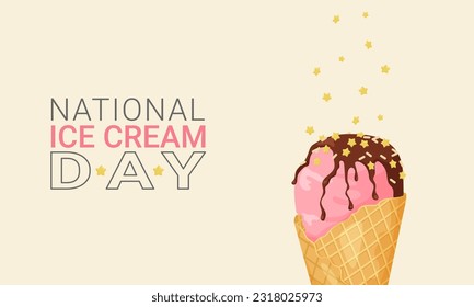National Ice Cream Day. Waffle cone with a scoop of chocolate covered ice cream sprinkles with stars