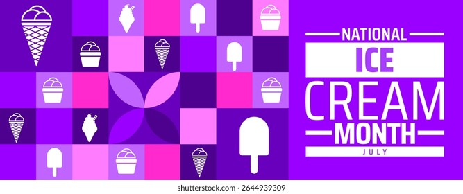 modelo de design de banner ou cartaz de fundo de padrão geométrico de sorvete nacional mês. observado todos os anos em julho. Conceito de férias. Use para qualquer modelo, cartão, cartaz, cartaz, modelo.