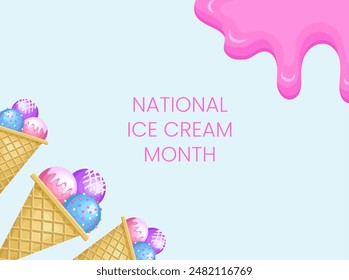 National Ice Cream Month. Realistic ice cream in pink and blue colors. Poster, banner, greeting card. Vector illustration.