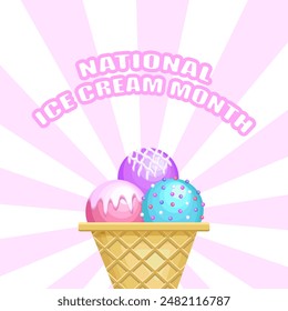 National Ice Cream Month. Realistic ice cream in pink and blue colors. Poster, banner, greeting card. Vector illustration.