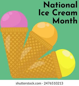 National Ice Cream Month, Square banner or poster with cold dessert vector illustration