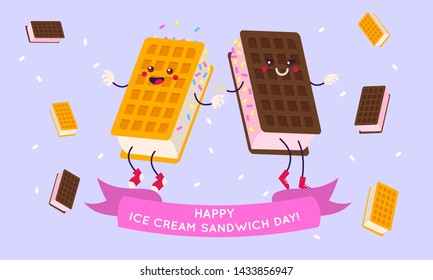 National Ice Cream Sandwich Day August 2 . Happy icecream couple dancinng