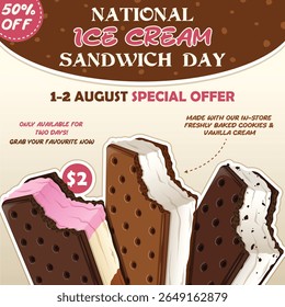 National Ice Cream Sandwich Day August Special Discount Offer Promotional Social Media Or Web Post. Professional Layout with Ice Cream Sandwich Flavour Variety Illustration