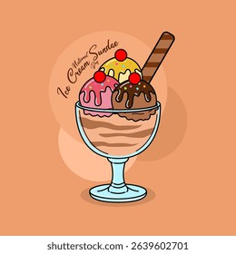 National Ice Cream Sundae Day to celebrate on July 8th. One glass contains three scoops of ice cream with different flavors topped with cherry fruit and a chocolate wafer stick. Dessert event banner.