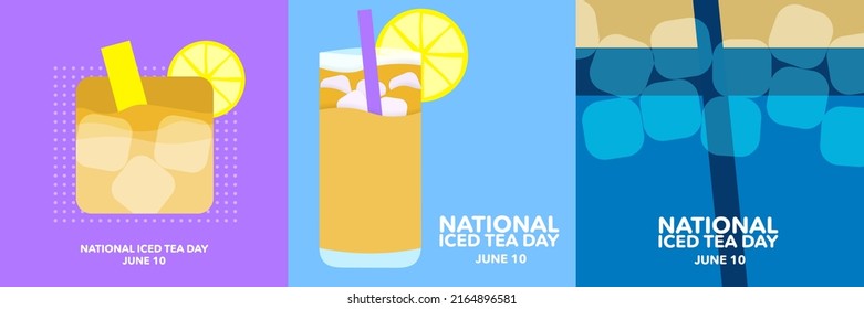 National Iced Tea Day Set. June 10. Minimalist concept, square format collection. Template. Paper art iced tea with lemon slice. Iced tea in glass with straw. Vector Illustration. EPS 10.