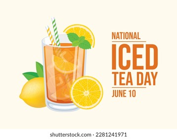 National Iced Tea Day vector illustration. Glass of ice tea with lemons drawing. Iced tea with citrus and mint leaf icon. Glass of lemonade with a straw vector. June 10 each year. Important day