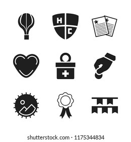 national icon. 9 national vector icons set. insignia and ribbon, hot air ballon silhouette and heart icons for web and design about national theme