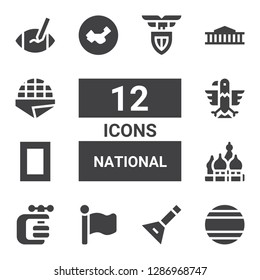 national icon set. Collection of 12 filled national icons included Thailand, Balalaika, Flag, Vise, Kremlin, National geographic, Eagle, China, British museum, Stroopwafel, Rugby ball