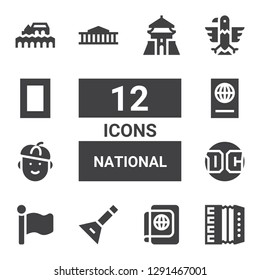 National Icon Set. Collection Of 12 Filled National Icons Included Accordion, Passport, Balalaika, Flag, Dc, French, British Museum, Eagle, National Geographic, Cordoba, Chiang Kai Shek