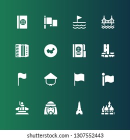 national icon set. Collection of 16 filled national icons included Kremlin, Eiffel tower, Arab man, Columbia, Flag, Kasa, Brazil, Passport, China, Accordion, Golden gate