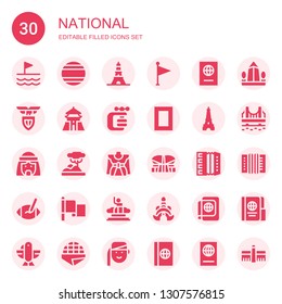 national icon set. Collection of 30 filled national icons included Flag, Thailand, Eiffel tower, Passport, Lazio, Chiang kai shek, Vise, National geographic, Arab man, Savannah