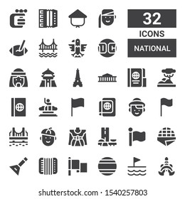 national icon set. Collection of 32 filled national icons included Thailand, Flag, Accordion, Balalaika, Stroopwafel, Brazil, Traditional, French, Golden gate, Dutch, Passport