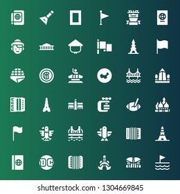 national icon set. Collection of 36 filled national icons included Flag, Indonesia, Thailand, Accordion, Dc, Passport, Eiffel tower, Eagle, Golden gate, Kremlin, Rugby ball, Vise