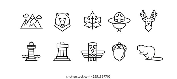 National icons. Set of 10 National Reserve trendy minimal icons. Example: Maple leaf, Bear, Beaver, Totem pole. Design signs for web page, mobile app, packaging design. Vector illustration